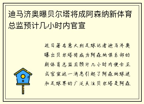 迪马济奥曝贝尔塔将成阿森纳新体育总监预计几小时内官宣