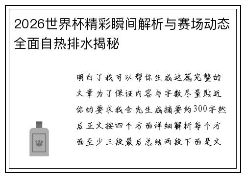 2026世界杯精彩瞬间解析与赛场动态全面自热排水揭秘