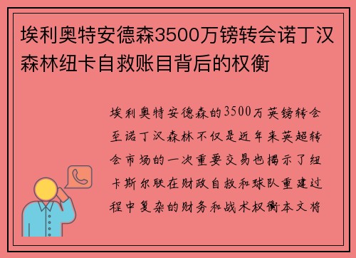 埃利奥特安德森3500万镑转会诺丁汉森林纽卡自救账目背后的权衡